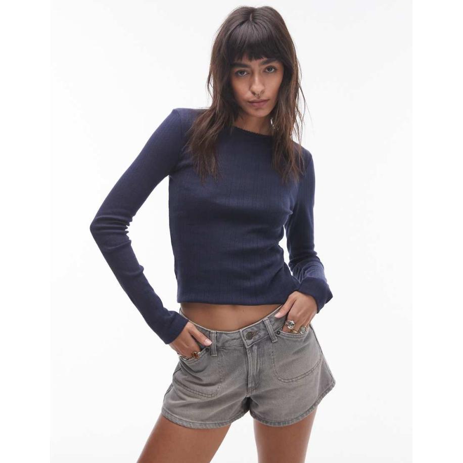 Topshop Ajourgebreide top met lange mouwen en picot-randje in marineblauw-Geen kleur Transparant