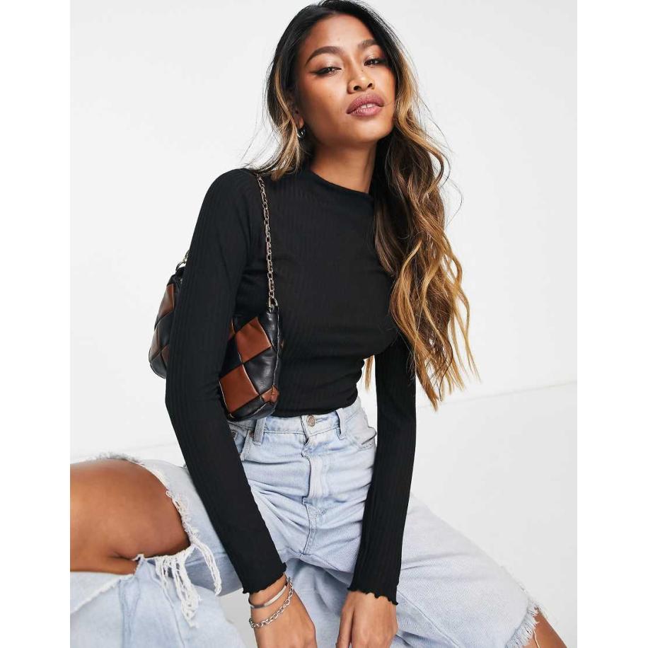 Only Hoogsluitende geribbelde top met geschulpte rand in zwart Zwart