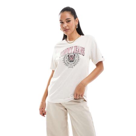 Tommy Jeans Oversized T-shirt met varsity print met tijger in gebroken wit-Neutraal