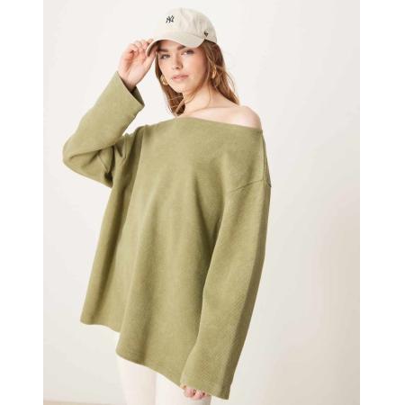 ASOS DESIGN T-shirt met lange mouwen, blote schouders en wafelstructuur in groen met wassing