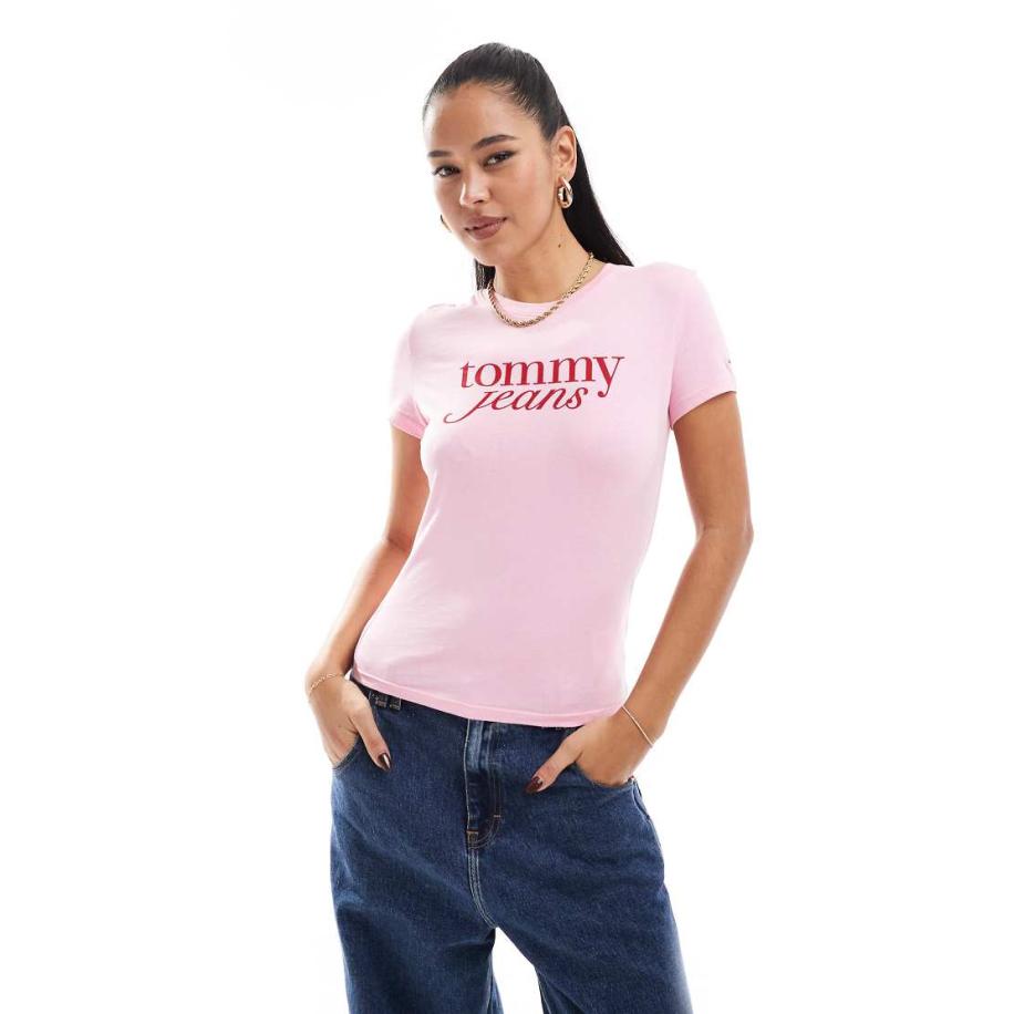 Tommy Jeans Baby T-shirt met retro logo in roze en rood Roze