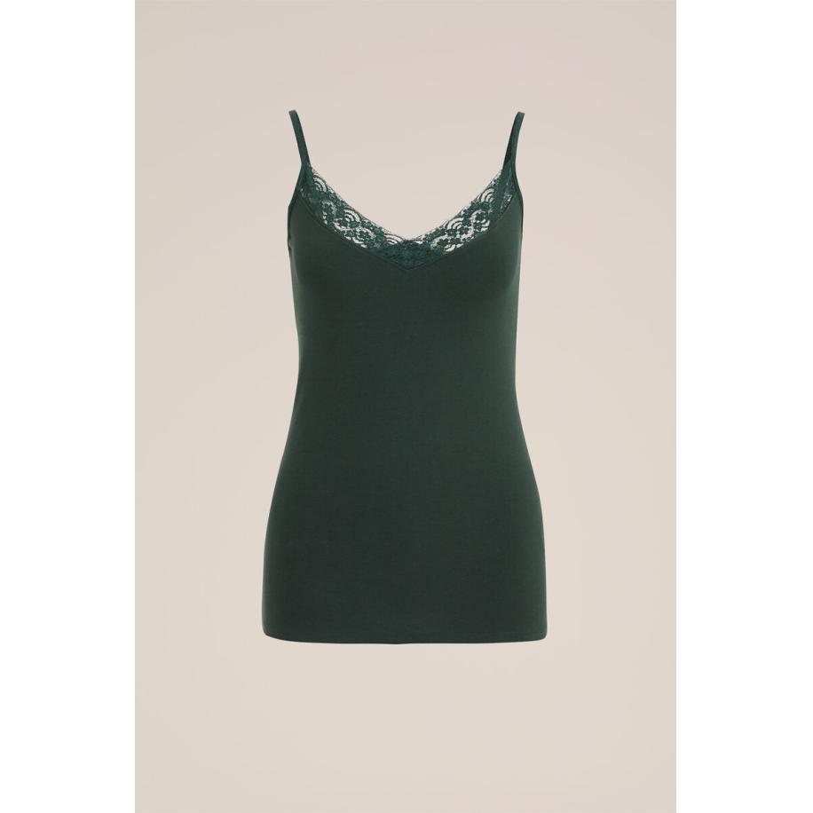 WE Fashion Dames singlet met kant - Mosgroen - Katoen - Maat: XXL Groen