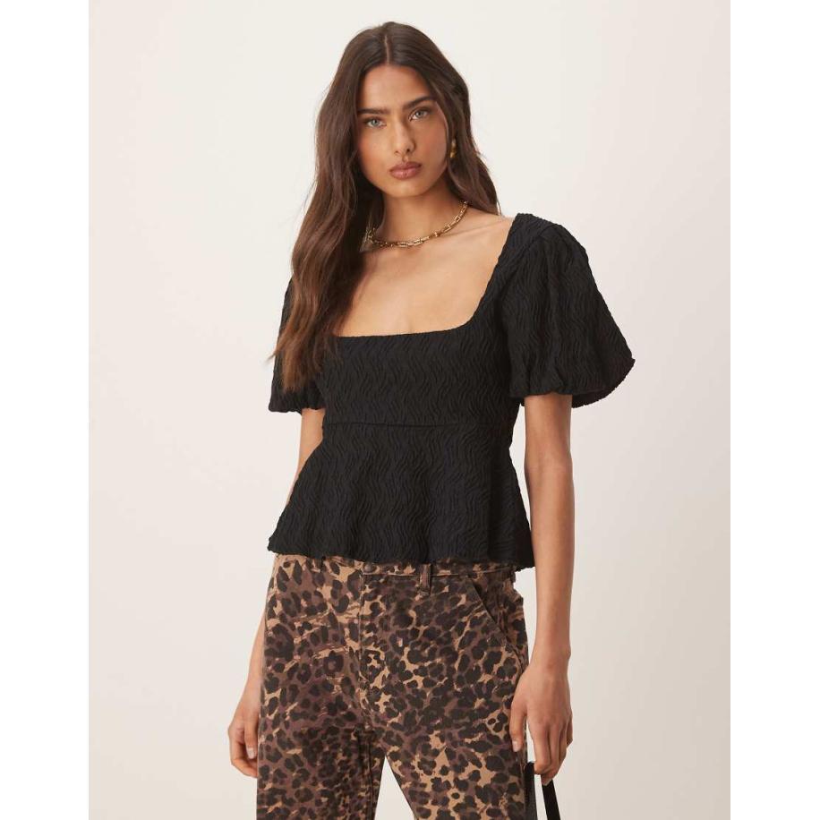 Gina Tricot Peplum top met pofmouwen en textuur in zwart Zwart