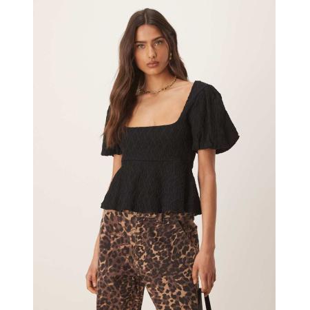 Gina Tricot Peplum top met pofmouwen en textuur in zwart