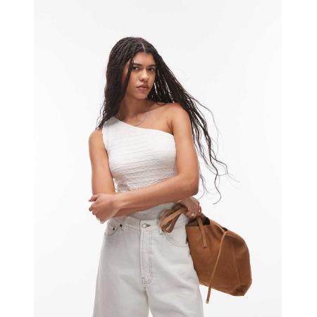 Topshop Top van kreukelstof met blote schouder in gebroken wit