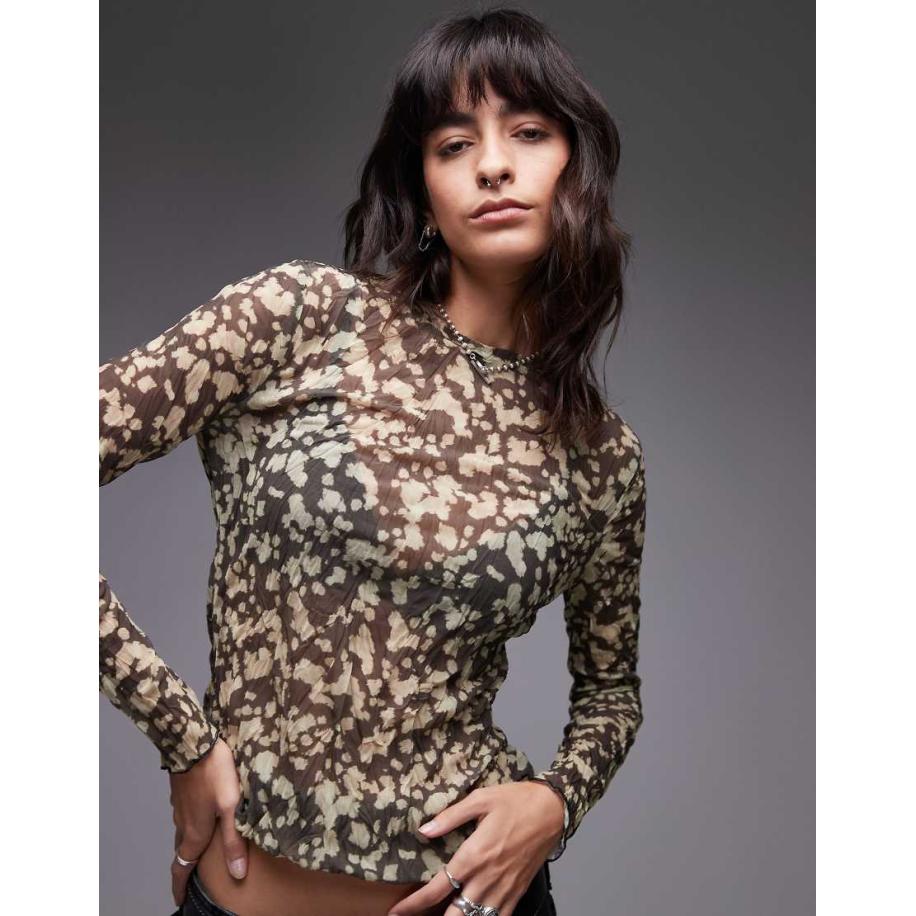 Topshop Top van gekreukte stof met vervaagde abstracte print en lange mouwen in multi-Veelkleurig Multicolor