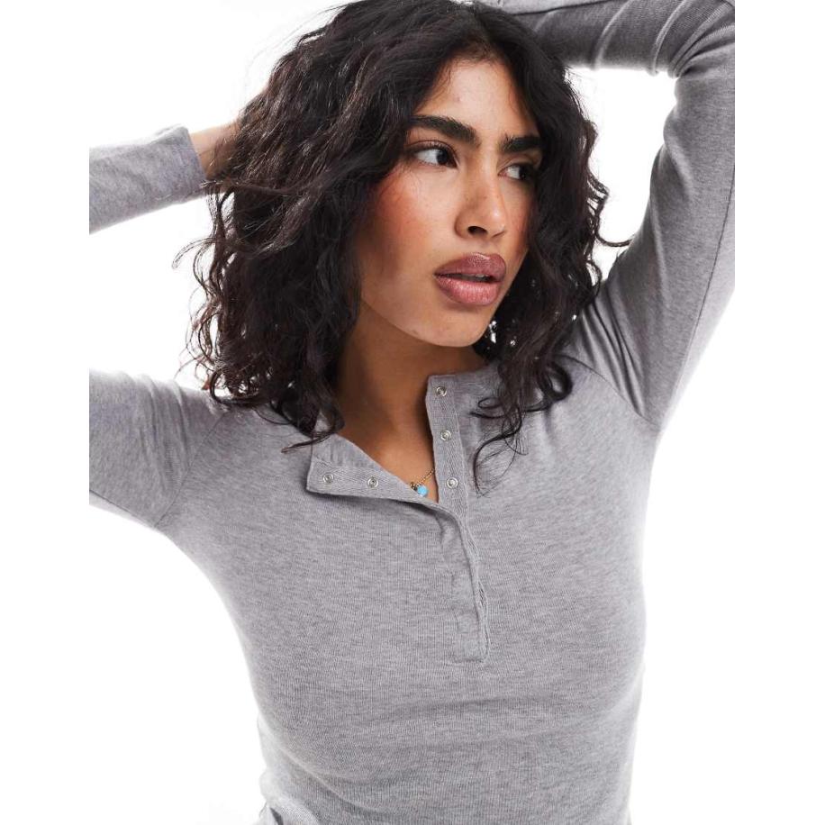 Bershka Henley top in gemêleerd grijs Grijs