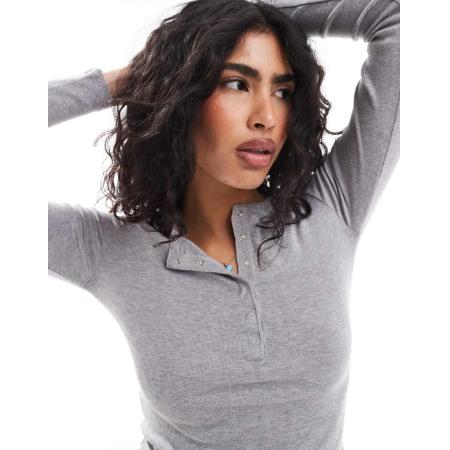 Bershka Henley top in gemêleerd grijs