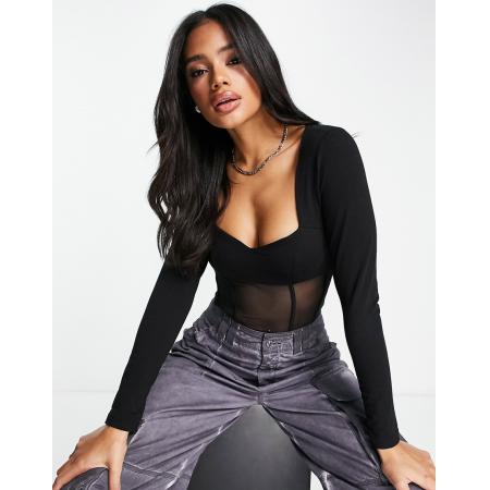 ASOS DESIGN Body van mesh met hartvormige halslijn en korsetdetails in zwart