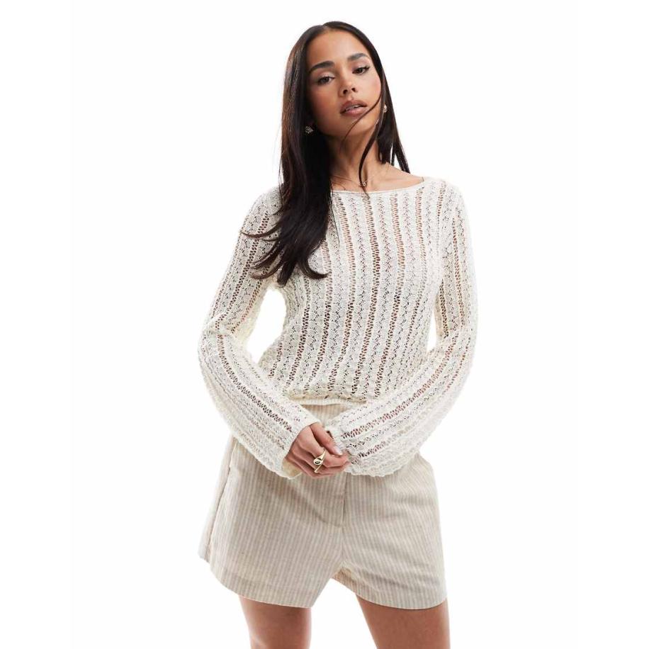 Pieces Gehaakte gebreide gestreepte crop top in wit Wit