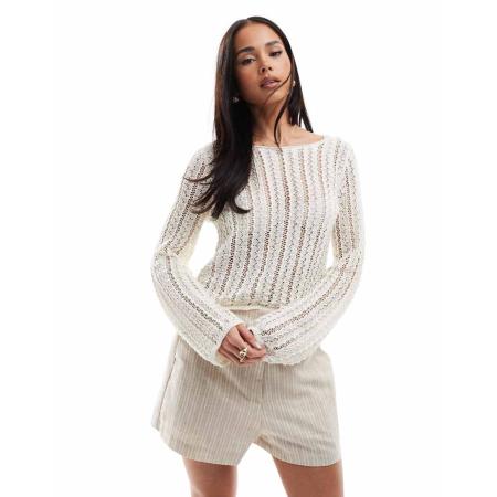 Pieces Gehaakte gebreide gestreepte crop top in wit