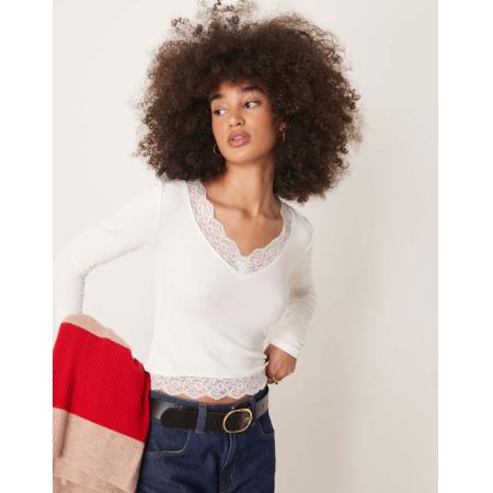 Gina Tricot Top met lange mouwen en kanten V-hals in gebroken wit