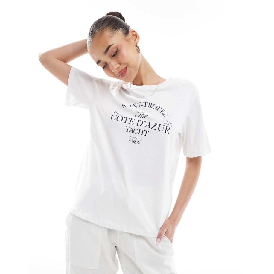 Pieces T-shirt met Cote D'Azur-print in wit Wit