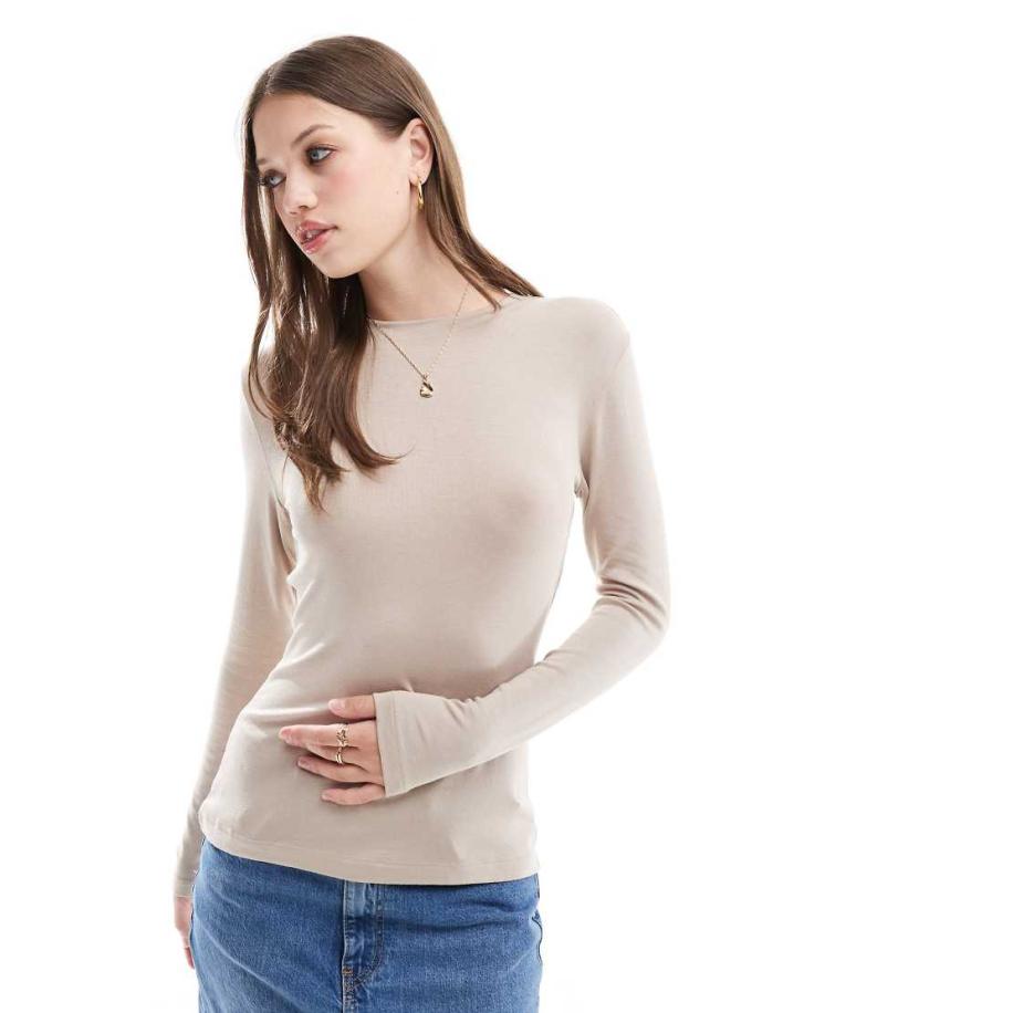 Vila Dunne top met lange mouwen in beige-Neutraal Multicolor