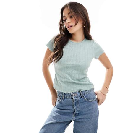 ONLY Baby tee met pointelle en geschulpte rand in saliegroen