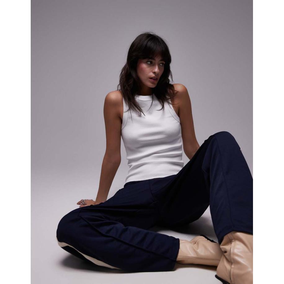 Topshop Geribbeld hemdje met racer hals in wit Wit