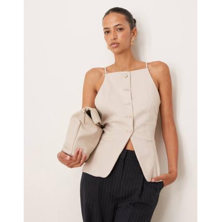 Abercrombie & Fitch Top met vierkante hals, bandjes en lange pasvorm in grijs-Wit