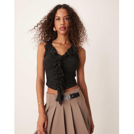 New Look Mouwloos hemdje van mesh met ruches in zwart