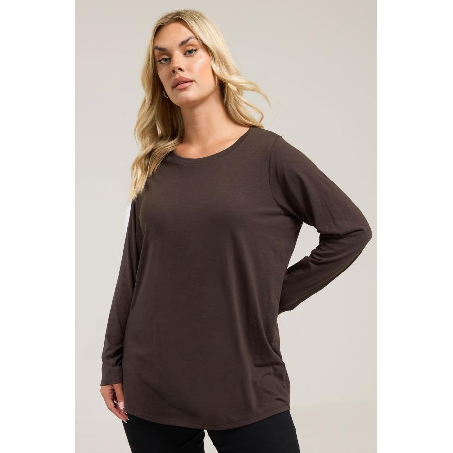Yours Curve Chocoladebruin Tshirt Met Lange Mouwen Size 62-64 Bruin
