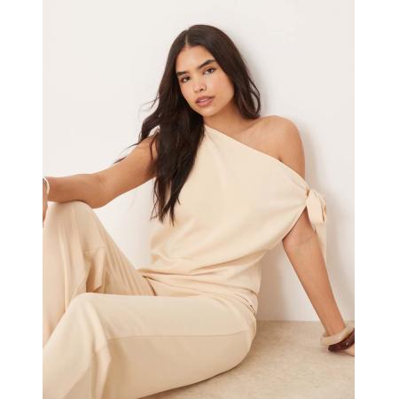 ASOS DESIGN Top van cupro met blote schouder en strik in beige, deel van co-ord set-Wit