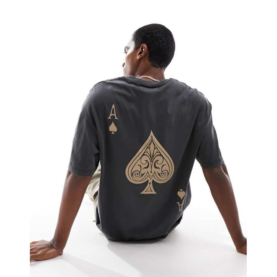 ADPT - Oversized T-shirt met schoppenaas-print op de achterkant in grijs met wassing Grijs