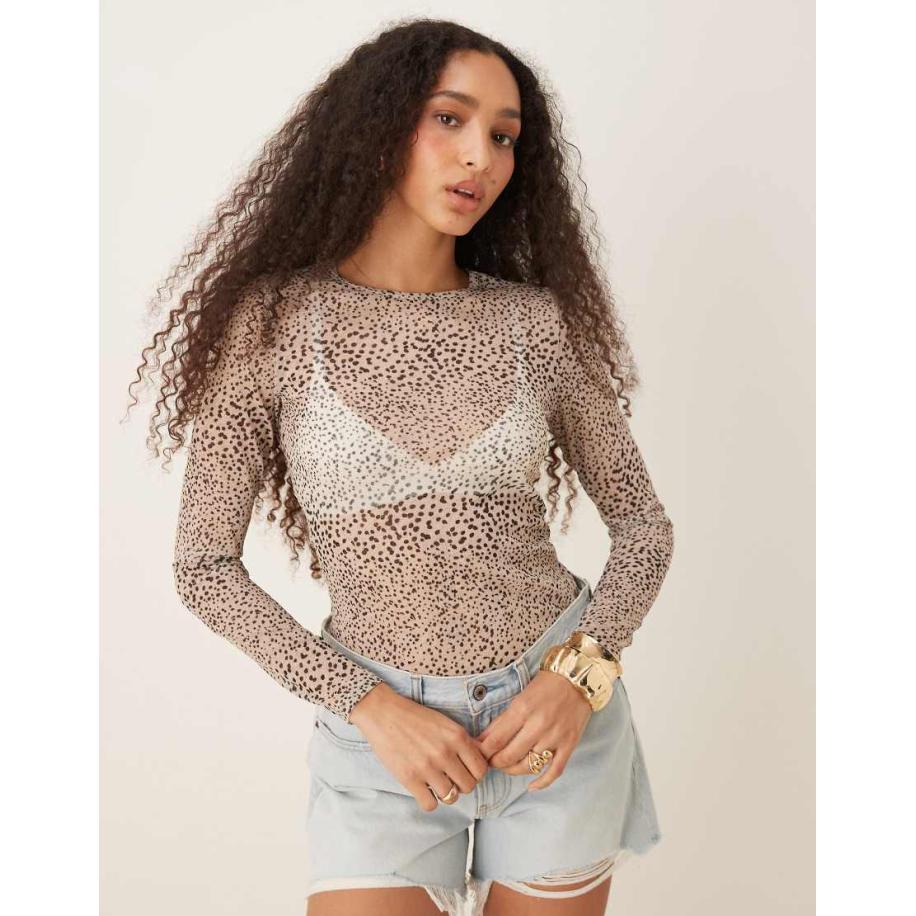 AWARE Jersey top met fijne laagjes en mono dot print-Neutraal Multicolor
