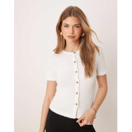 ASOS DESIGN Pluizig vest met korte mouwen en knoopsluiting in wit