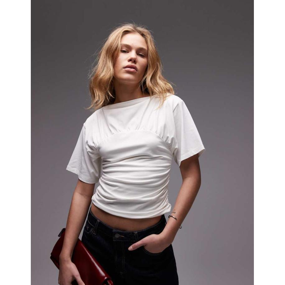 Topshop Top met korte mouwen en rimpeleffect in ivoorwit Wit