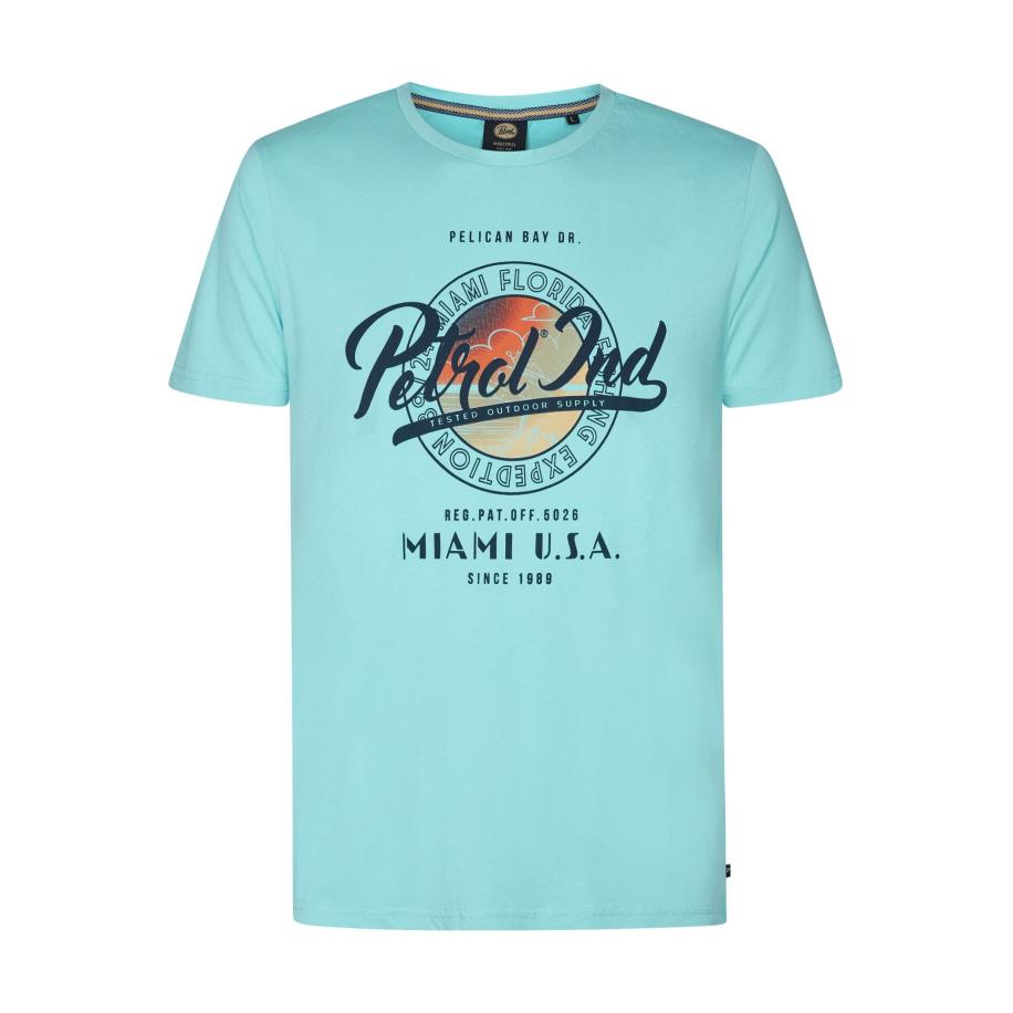 Petrol Industries T-Shirt ronde hals aqua, Bedrukt Blauw