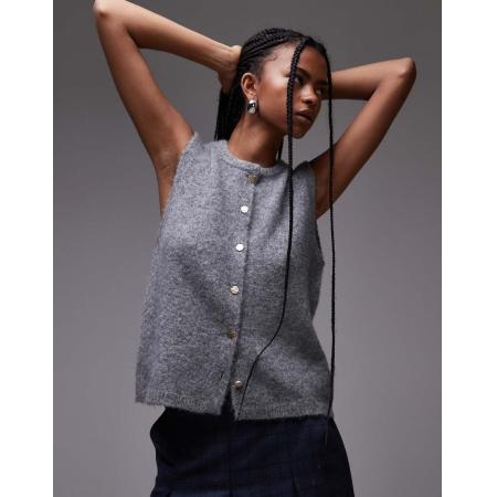 Topshop Gebreide tanktop met gouden knoopjes in grijs