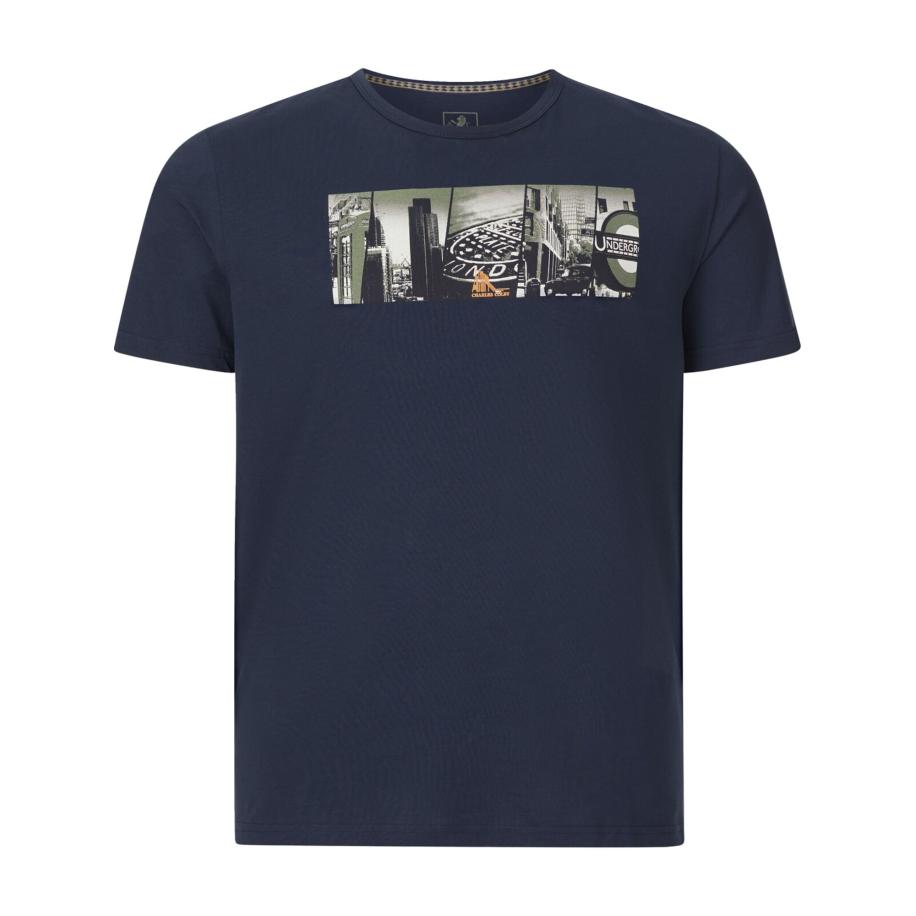 Charles Colby T-Shirt ronde hals donkerblauw, Bedrukt -