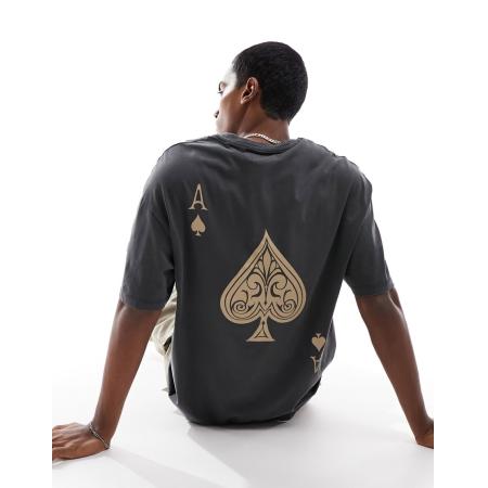 ADPT - Oversized T-shirt met schoppenaas-print op de achterkant in grijs met wassing