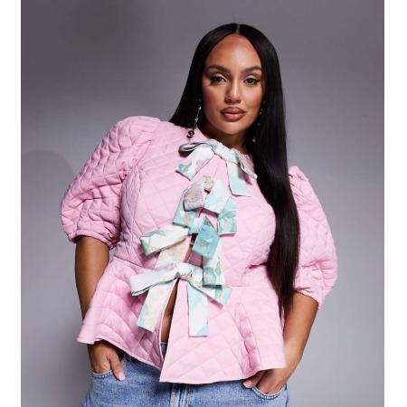 ASOS LUXE Curve Doorgestikte top met pofmouwen en striksluiting aan de voorkant in roze