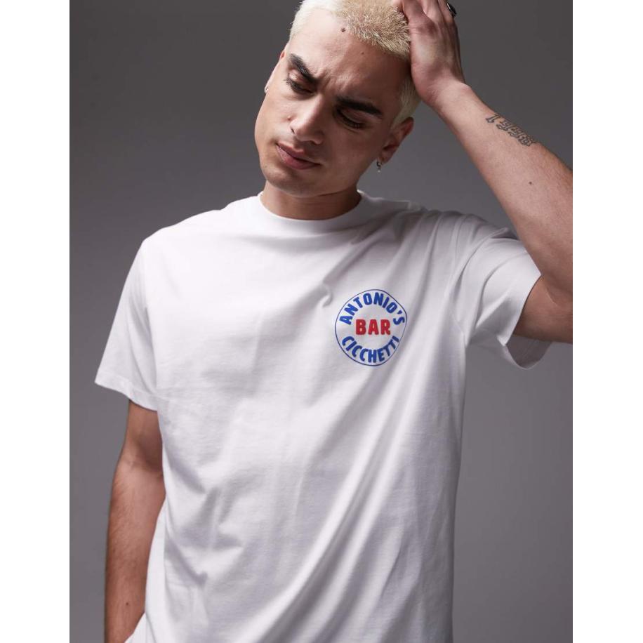 Topman - T-shirt met verhoogde Antonio's Bar-print in wit Wit