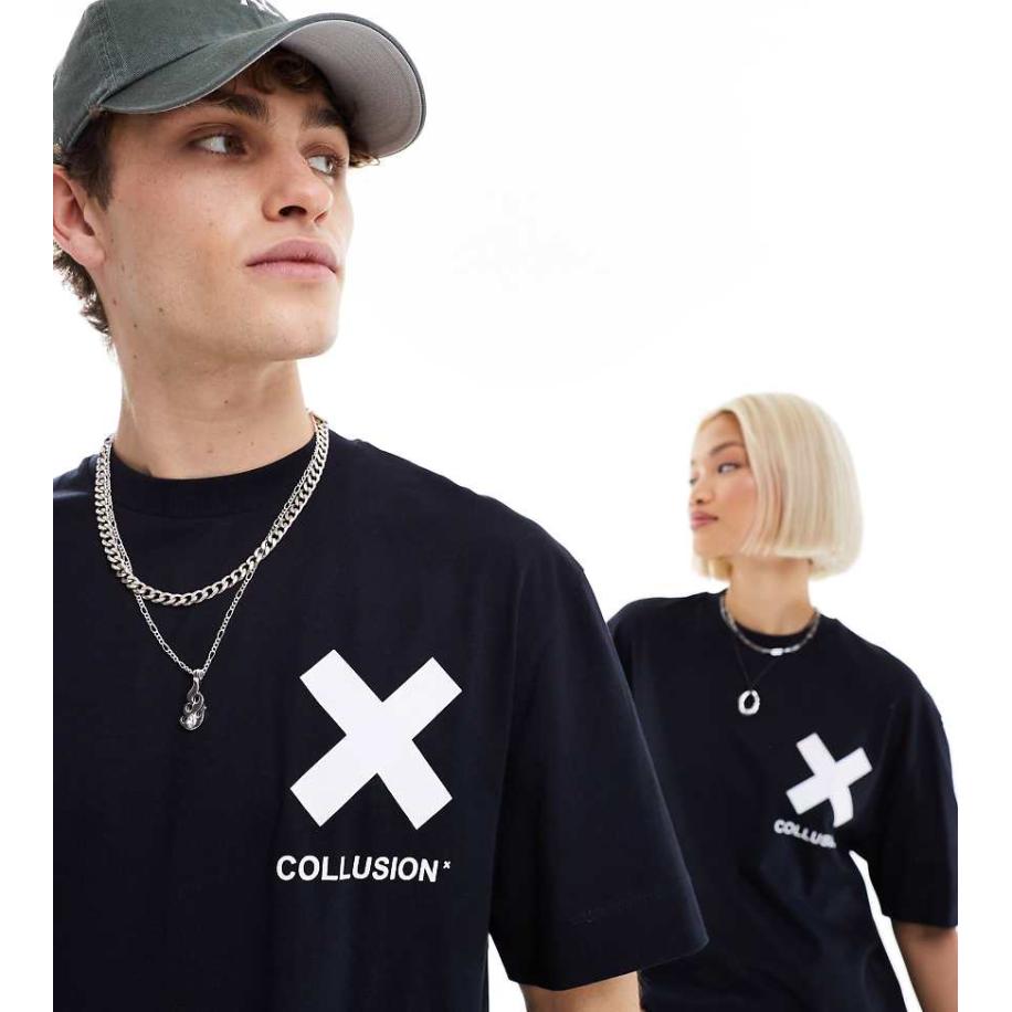 COLLUSION Unisex Katoenen T-shirt met X-logo in zwart Zwart