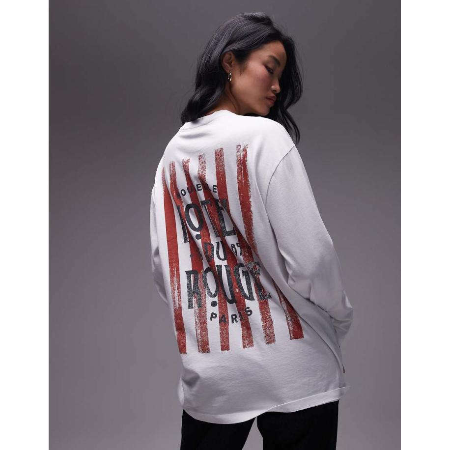 Topshop Skater tee met print en lange mouwen in wit-Neutraal Multicolor