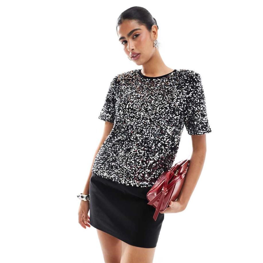 Morgan Fluwelen T-shirt met korte mouwen en lovertjes in zwart en zilver-Veelkleurig Multicolor