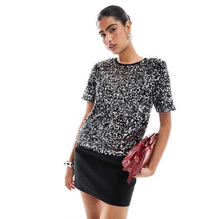 Morgan Fluwelen T-shirt met korte mouwen en lovertjes in zwart en zilver-Veelkleurig