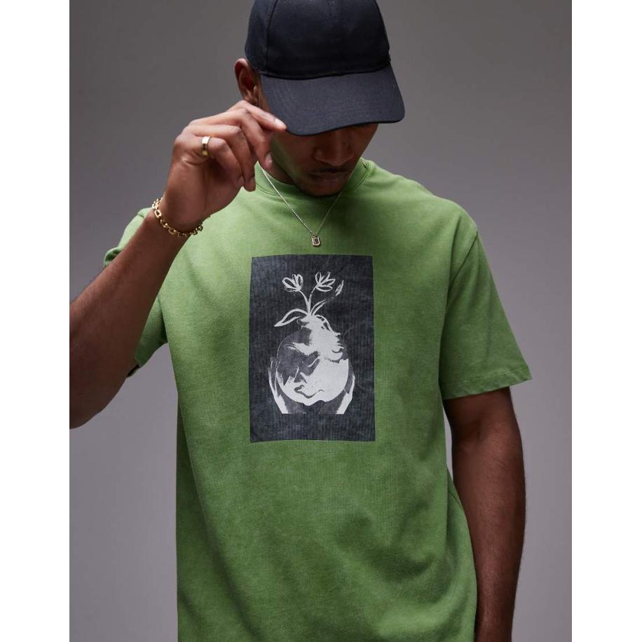 Topman - Oversized T-shirt met print van pot met gezicht in groen met wassing Groen