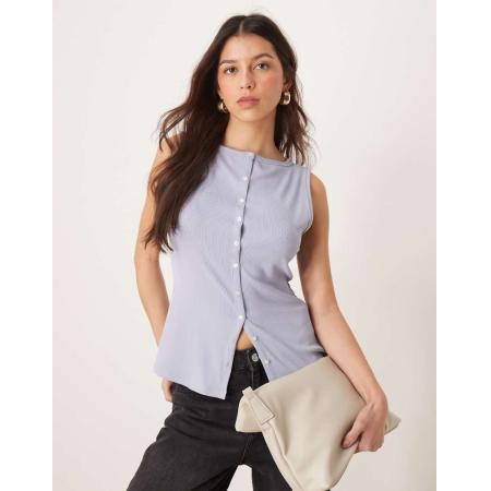 Abercrombie & Fitch Geribbelde top met rechte hals, knoopsluiting en lange pasvorm in blauw