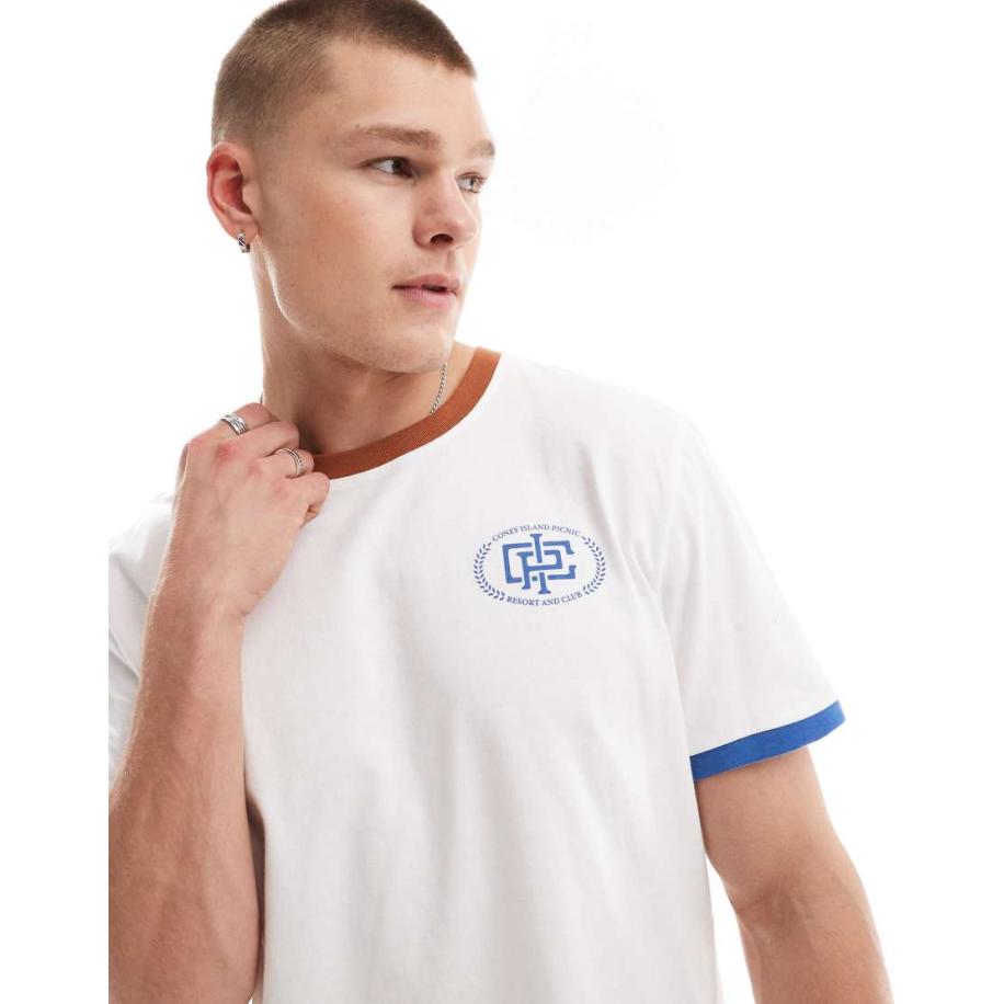 Coney Island Picnic - T-shirt met kleurvlakken en gekleurde randjes in gebroken wit Wit