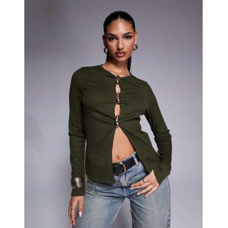 ASOS DESIGN Geribbelde top met lange mouwen en gouden knopen in kaki-Groen