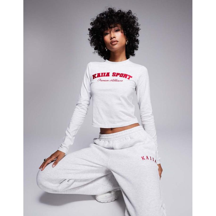 Kaiia Cropped T-shirt met lange mouwen en logo in lichtgrijs gemêleerd en rood Grijs