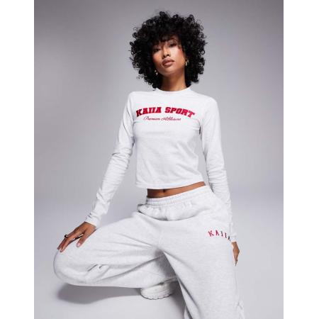 Kaiia Cropped T-shirt met lange mouwen en logo in lichtgrijs gemêleerd en rood