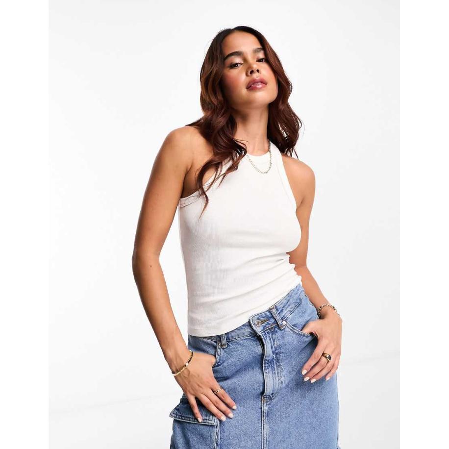 Monki Geribbeld hemdje met racer hals in wit Wit