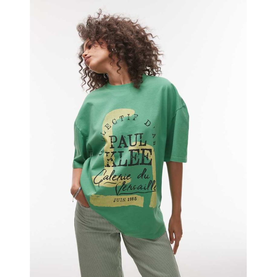 Topshop Oversized T-shirt met gelicentieerde grafische Paul Klee-print in groen Groen