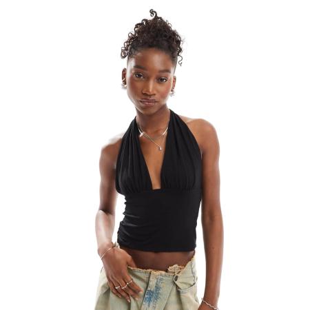 COLLUSION Soepelvallende haltertop van cupro met lange pasvorm in zwart