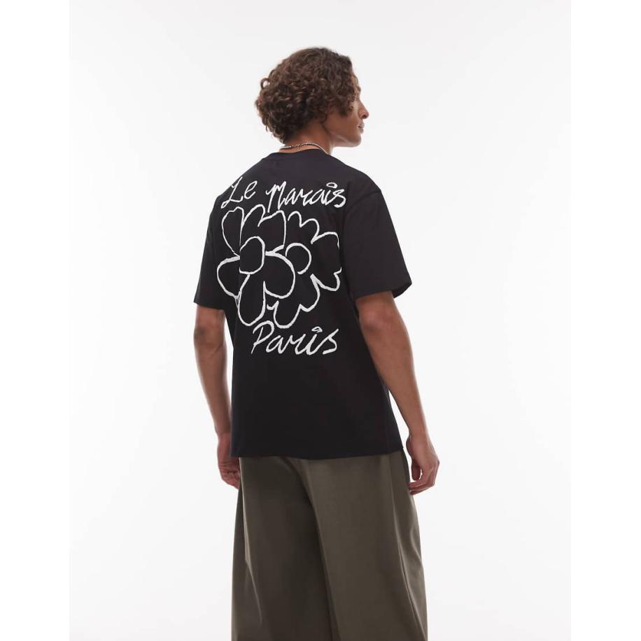 Topman - T-shirt met oversized pasvorm en verhoogde Le Marais-print op voor- en achterkant in zwart Zwart