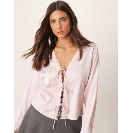 Abercrombie & Fitch Top met lange mouwen, kant en gestrikte voorkant in lichtroze