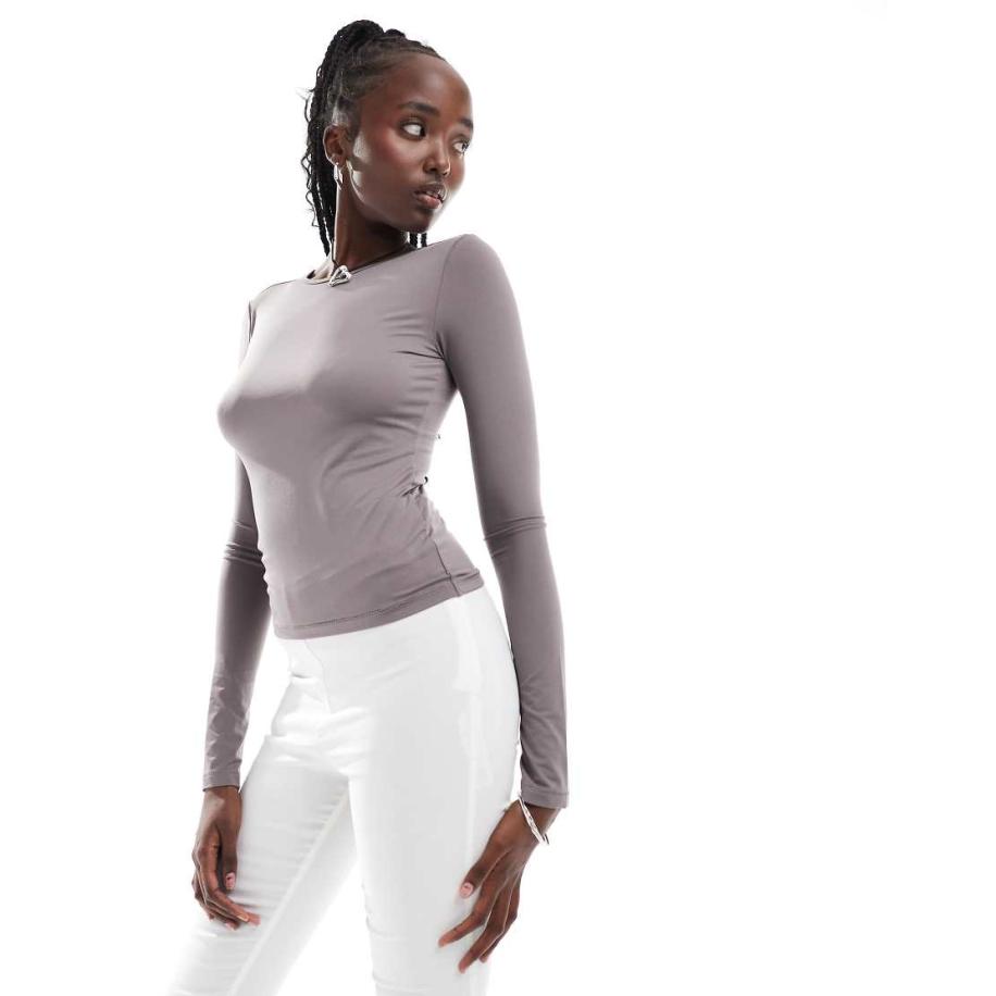 Weekday Fine T-shirt met lange mouwen in molbruin-Grijs Grijs